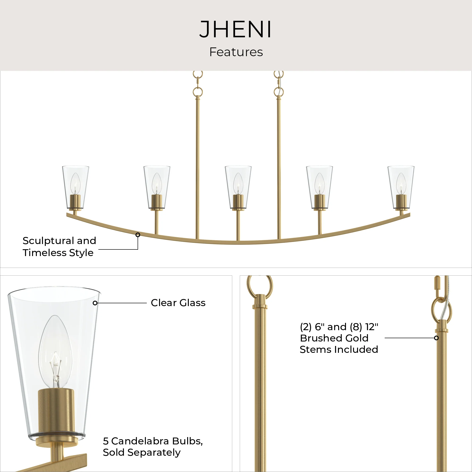 Jheni Five-Light Linear Chandelier with Clear Glass Shades - Image 6