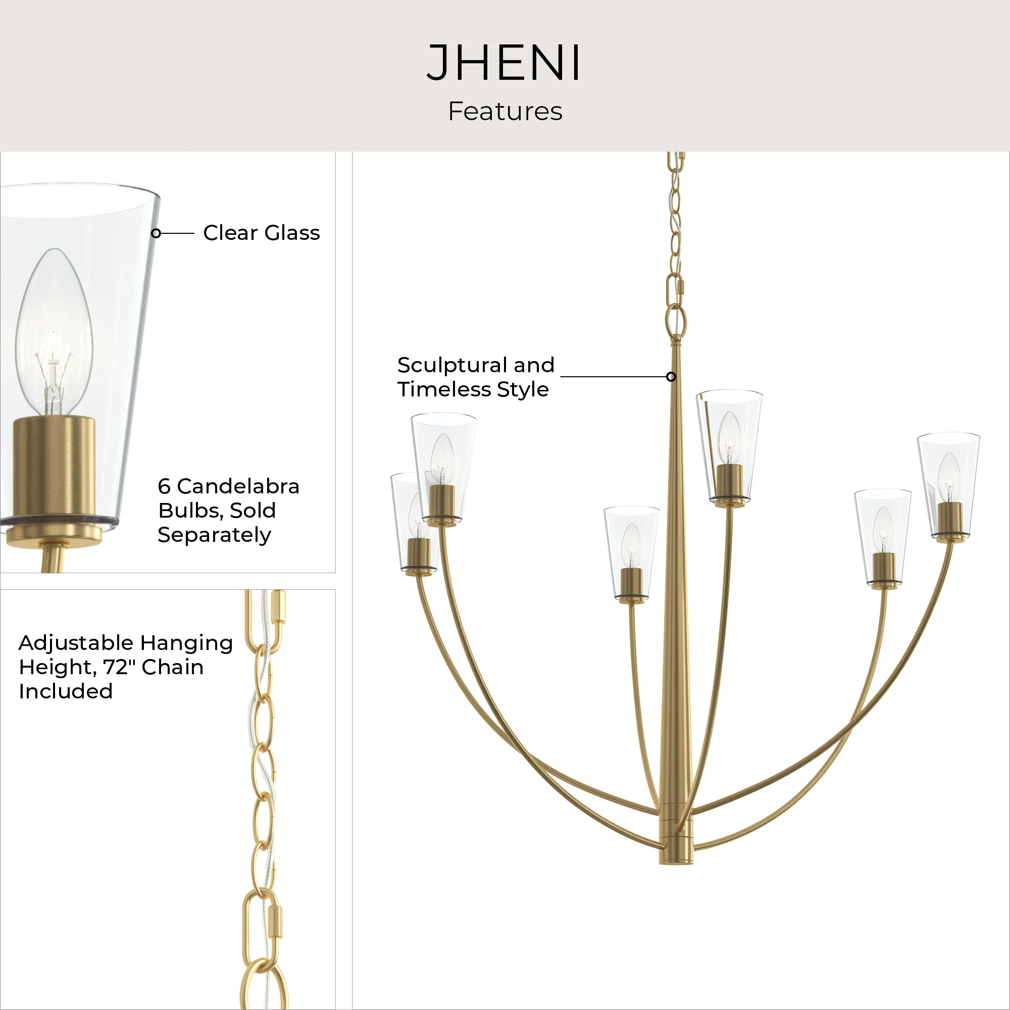 Jheni Six-Light Large Chandelier with Clear Glass Shades - Image 11
