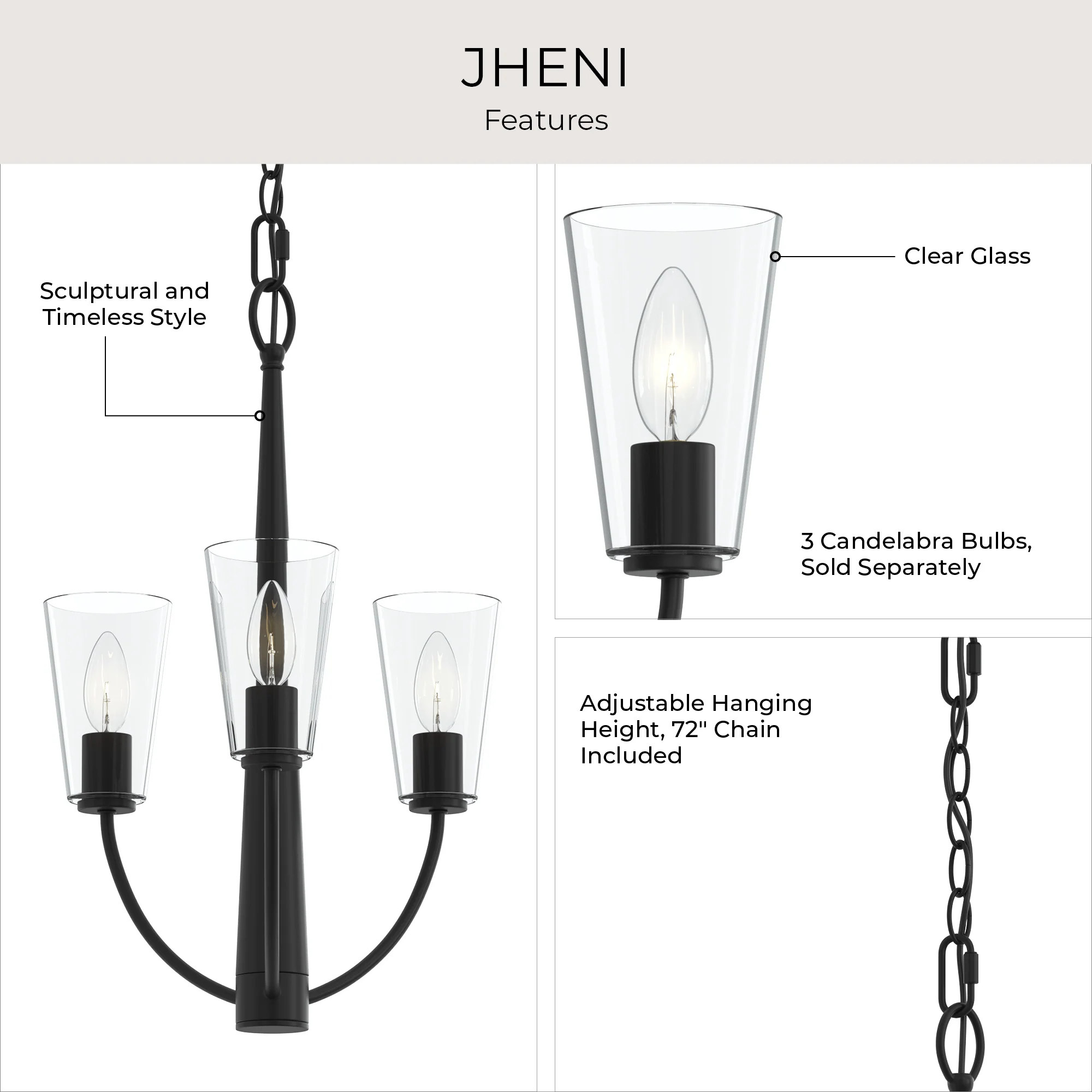 Jheni Three-Light  Chandelier with Clear Glass Shades - Image 4