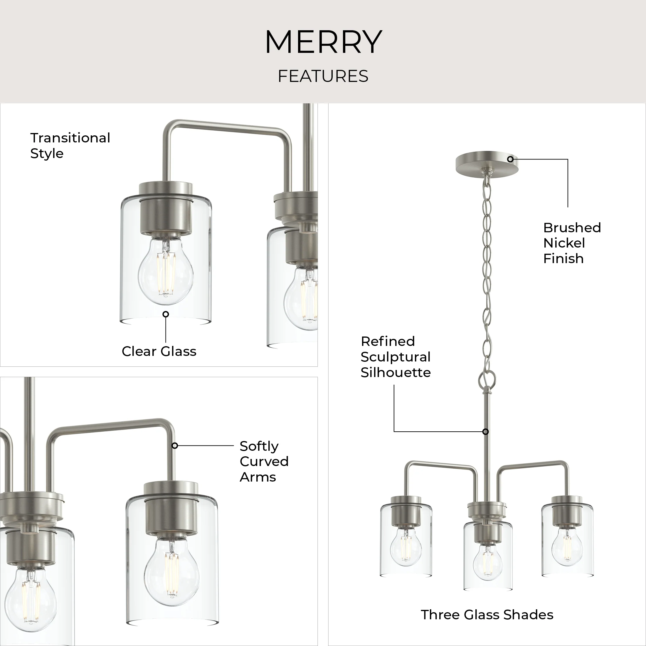 Merry 3-Light Chandelier with Clear Glass Shades - Image 3