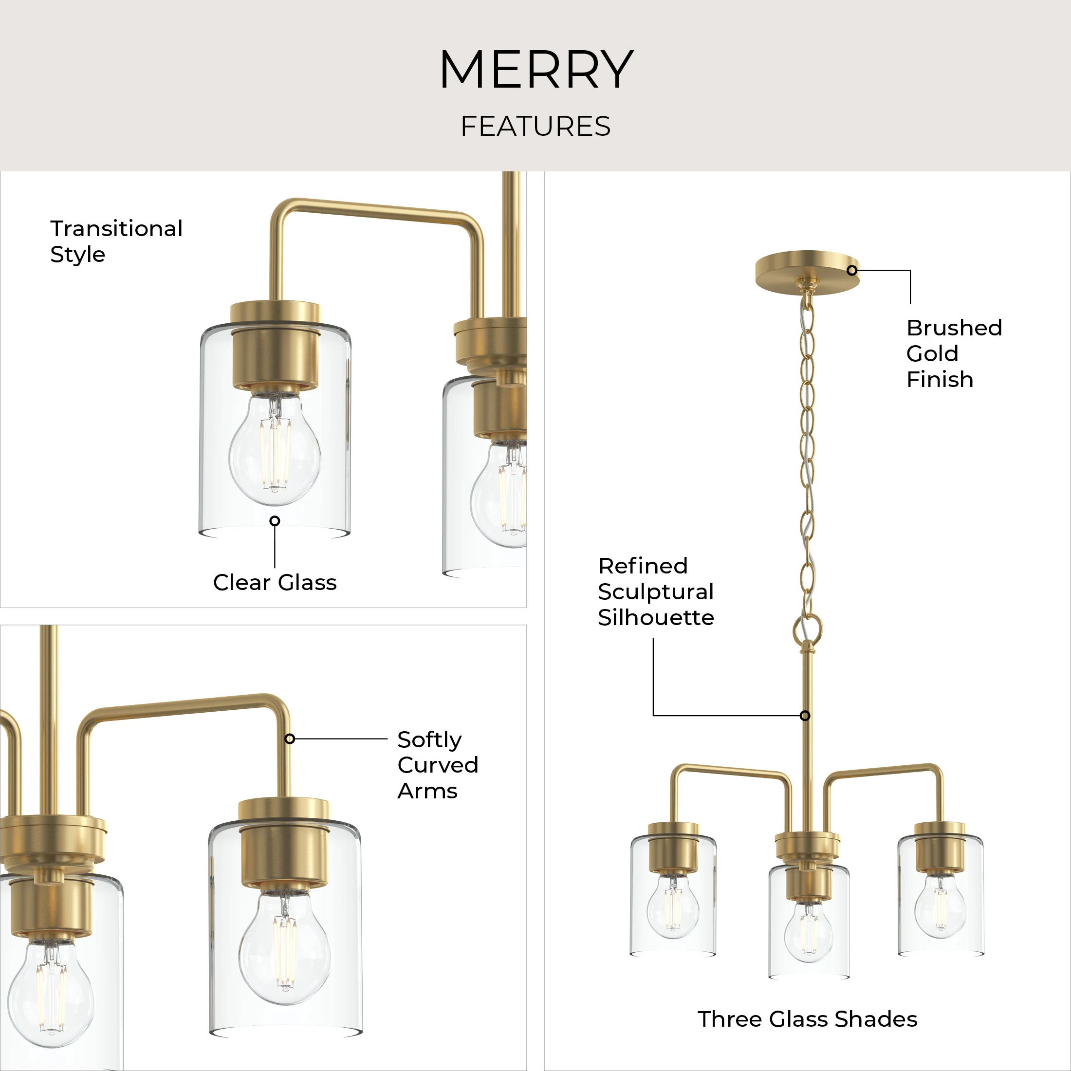 Merry 3-Light Chandelier with Clear Glass Shades - Image 9