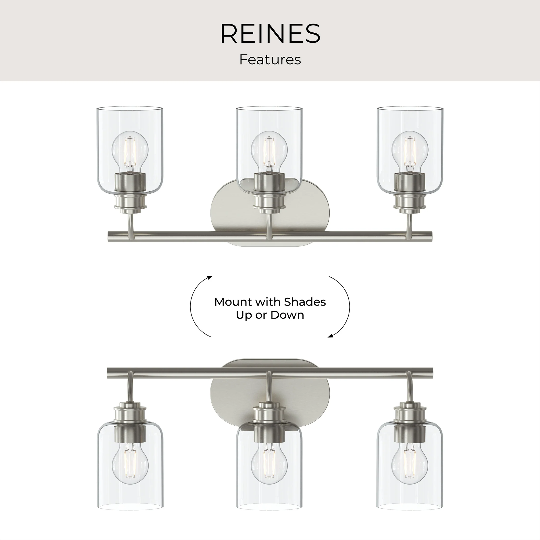 Reines Three-Light Bath Vanity with Clear Glass Shades - Image 27