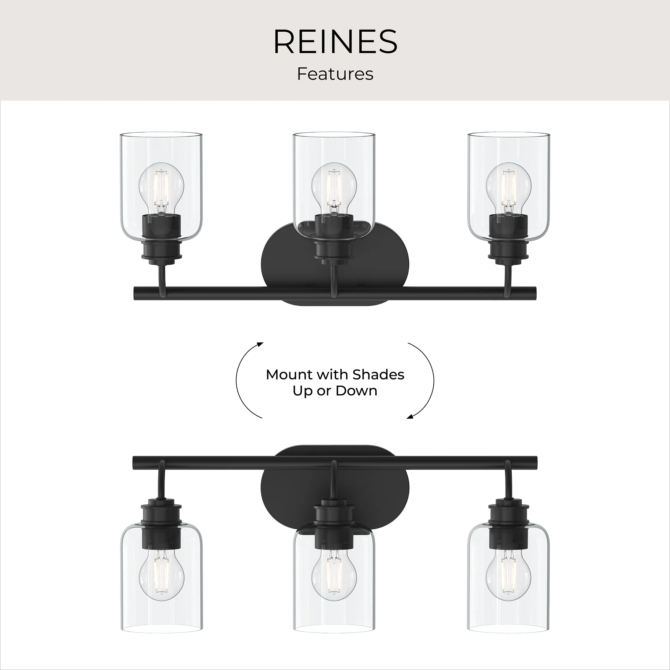Reines Three-Light Bath Vanity with Clear Glass Shades - Image 6