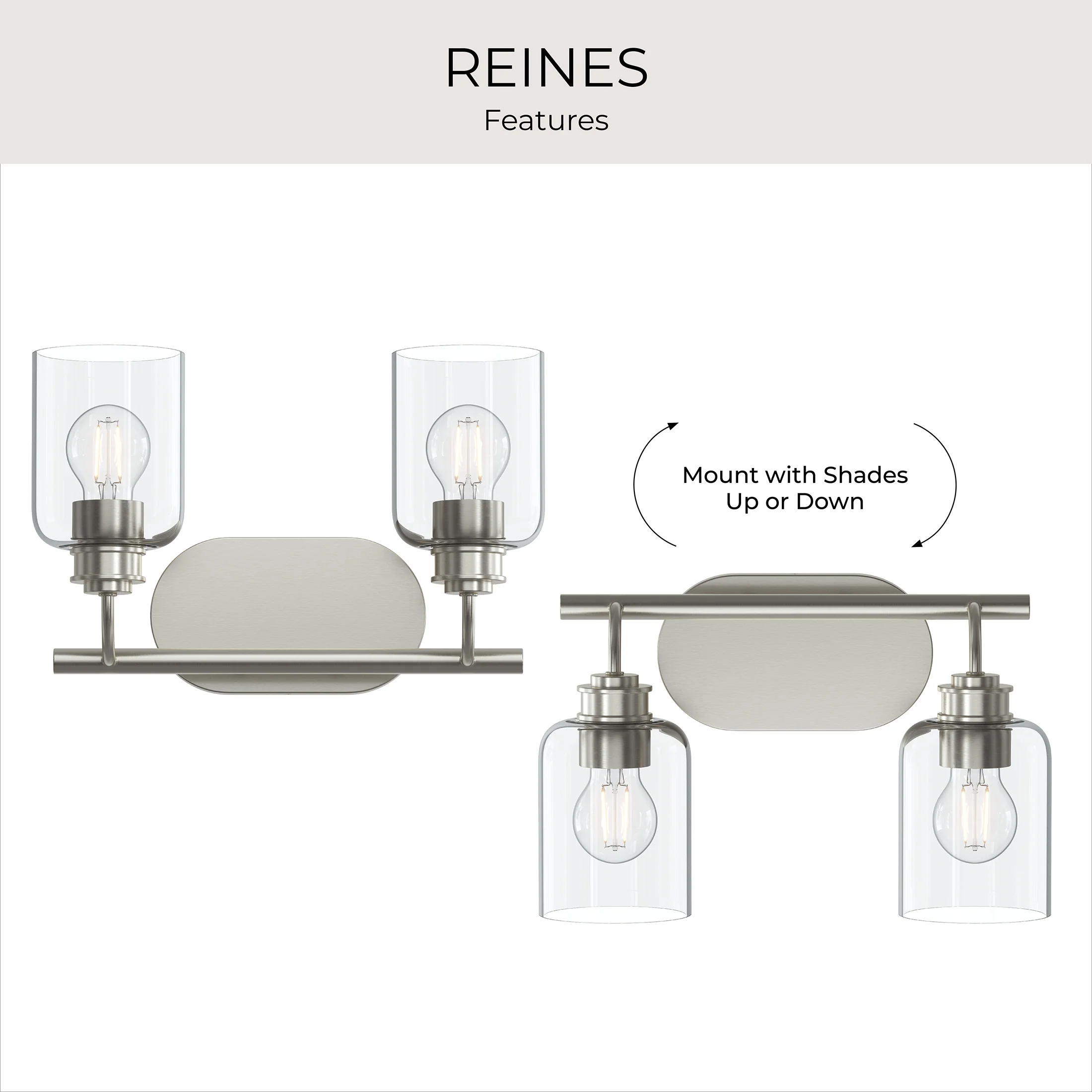 Reines Two-Light Bath Vanity with Clear Glass Shades - Image 7