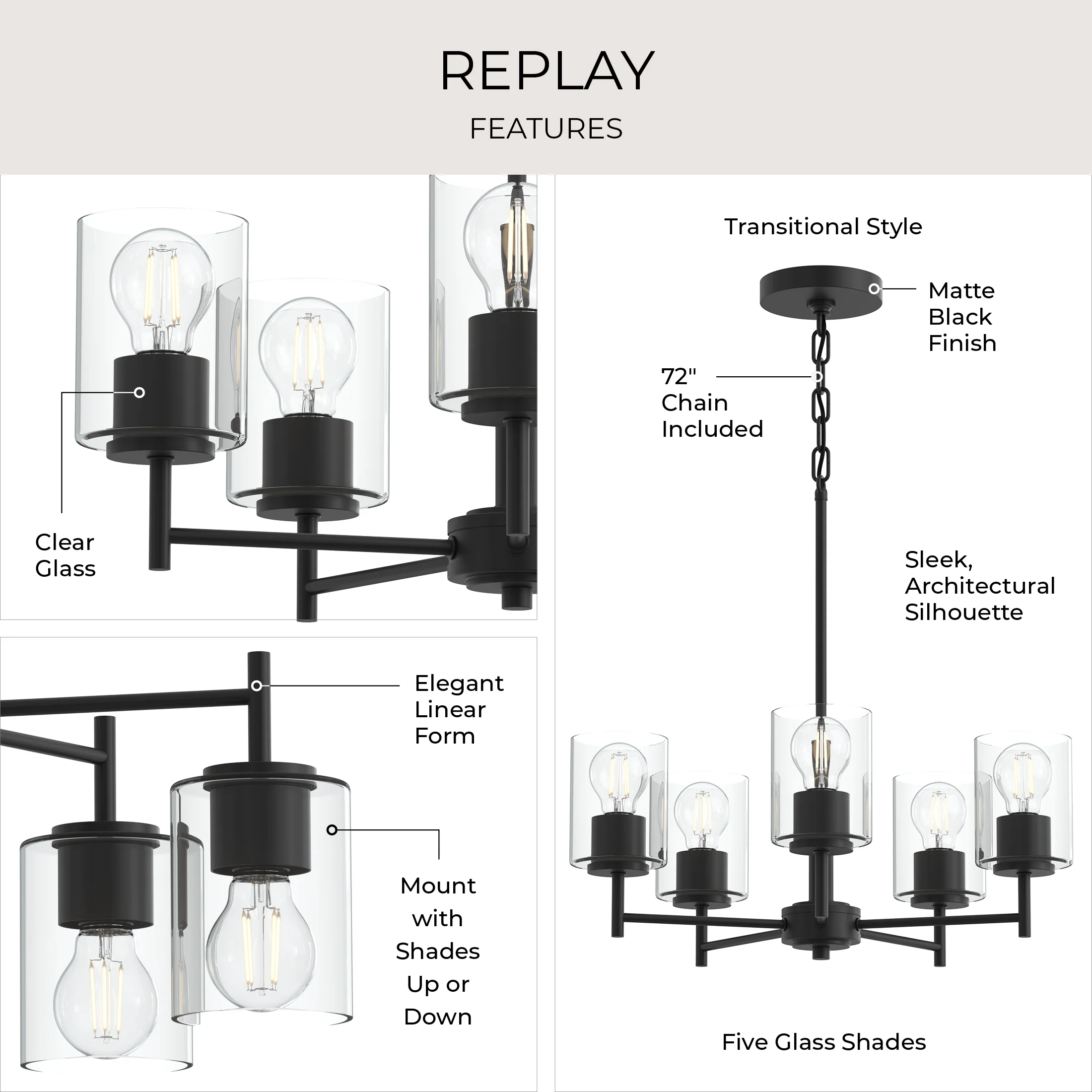 Replay Collection Five-Light Chandelier with Clear Glass Shades - Image 12