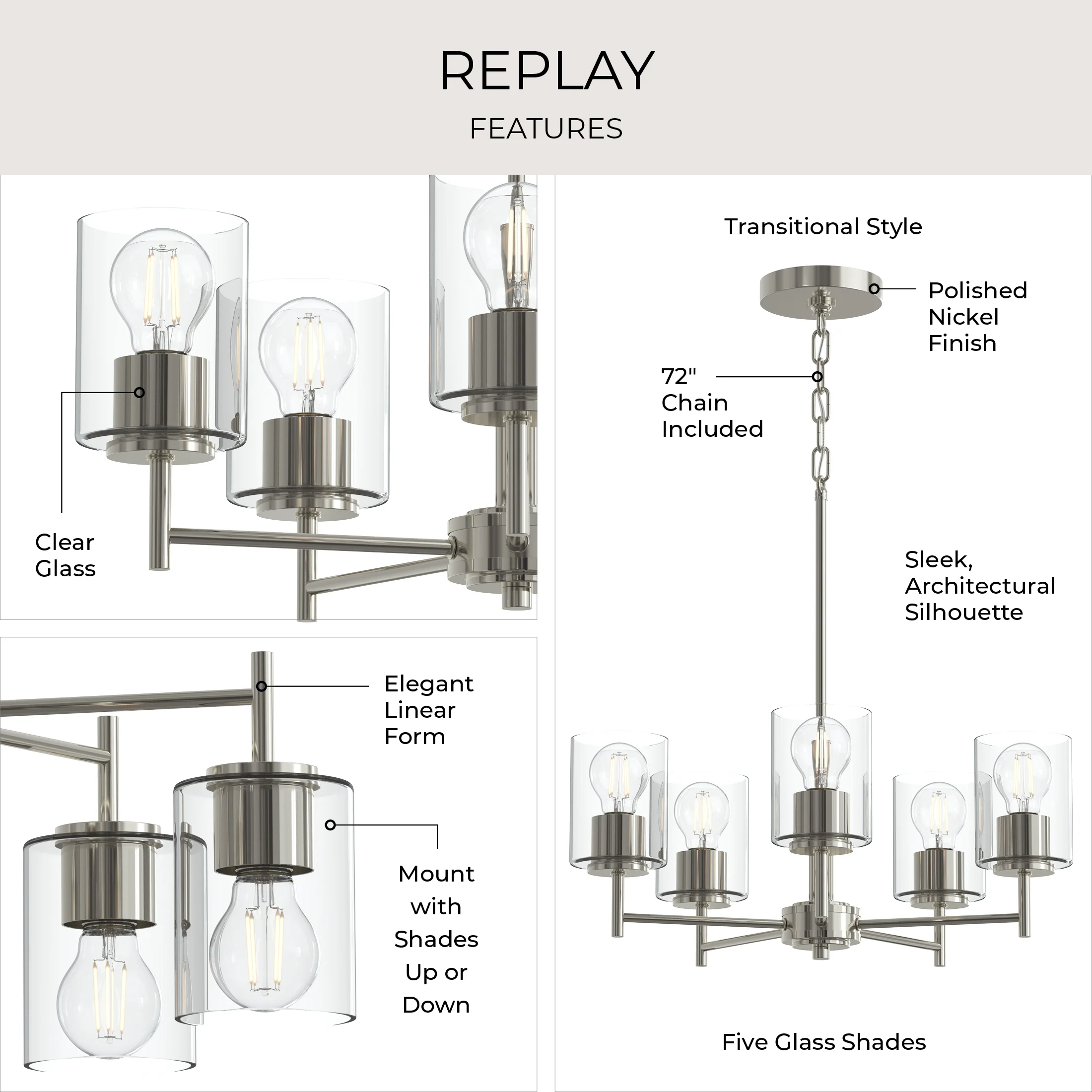 Replay Collection Five-Light Chandelier with Clear Glass Shades - Image 17