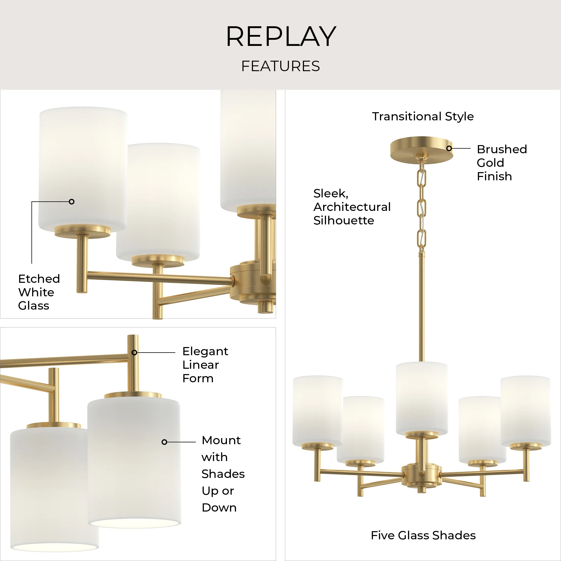 Replay Collection Five-Light Etched White Glass Chandelier Light - Image 12