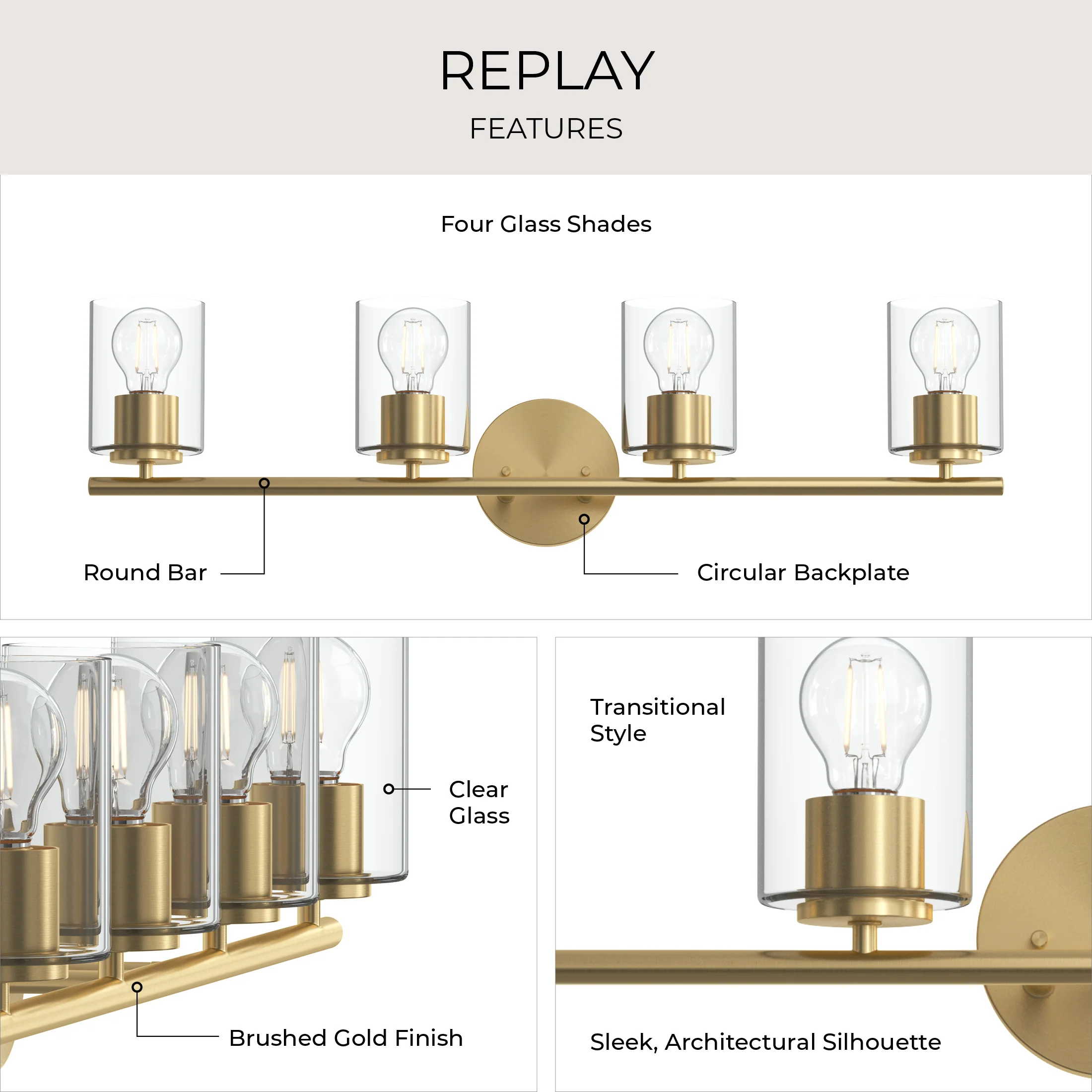 Replay Collection Four-Light Bath & Vanity Light with Clear Glass Shades - Image 18