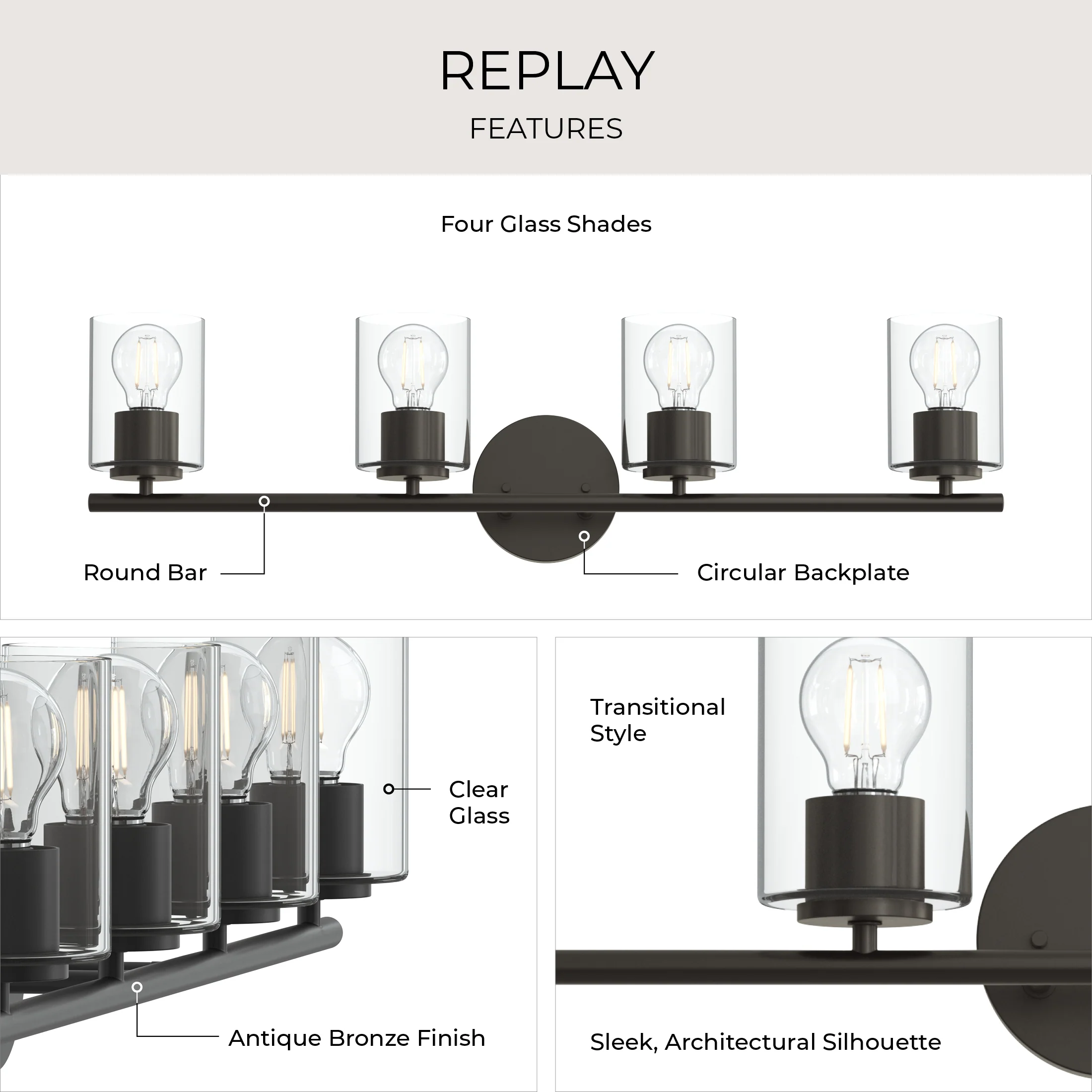 Replay Collection Four-Light Bath & Vanity Light with Clear Glass Shades - Image 26