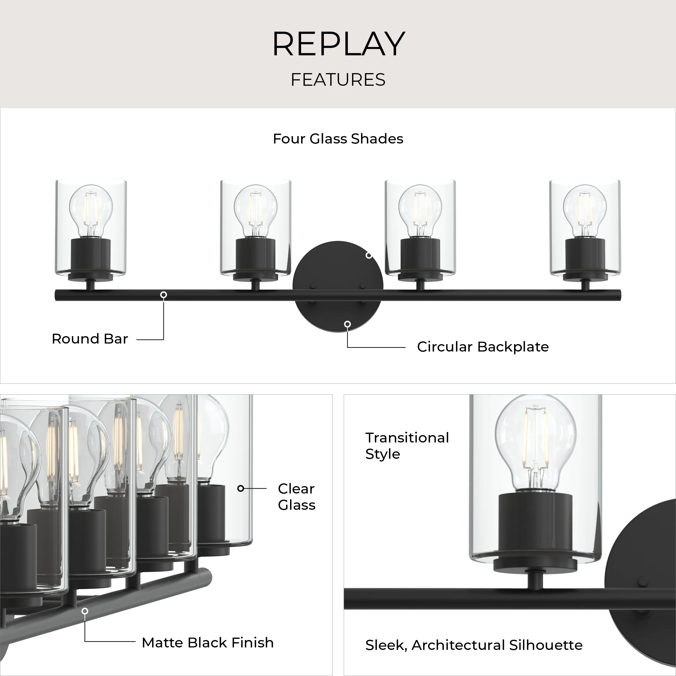 Replay Collection Four-Light Bath & Vanity Light with Clear Glass Shades - Image 28