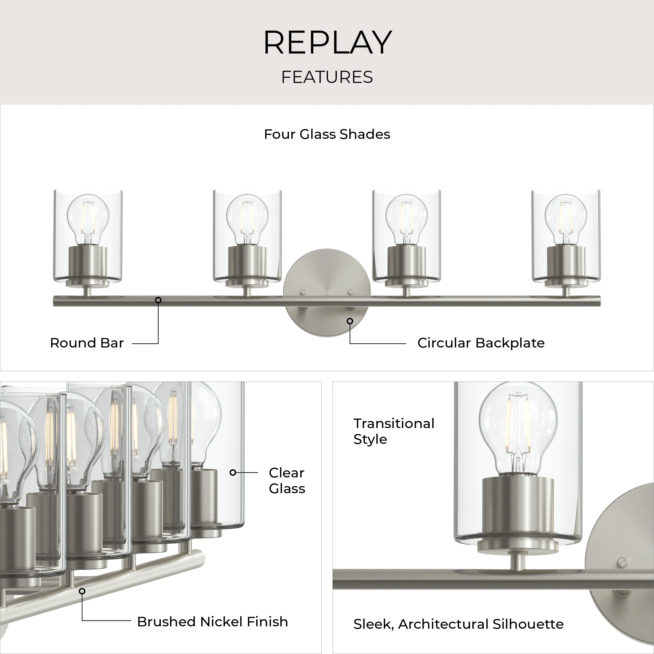 Replay Collection Four-Light Bath & Vanity Light with Clear Glass Shades - Image 35