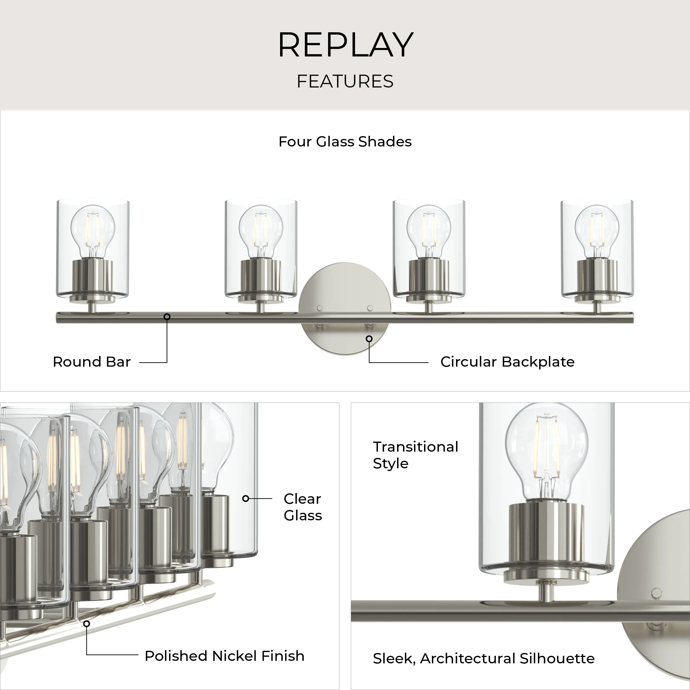 Replay Collection Four-Light Bath & Vanity Light with Clear Glass Shades - Image 44