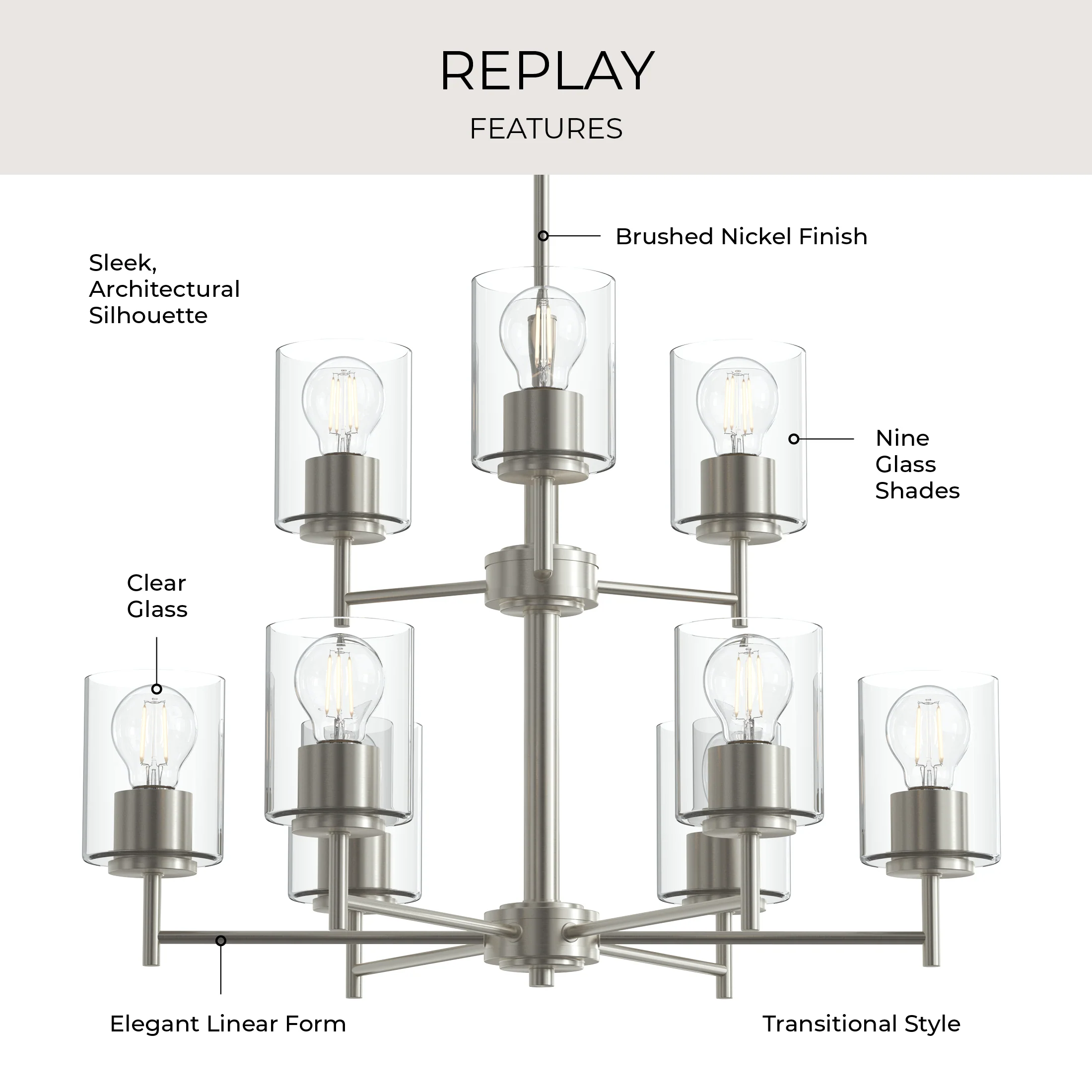 Replay Collection Nine-Light Chandelier with Clear Glass Shades - Image 22