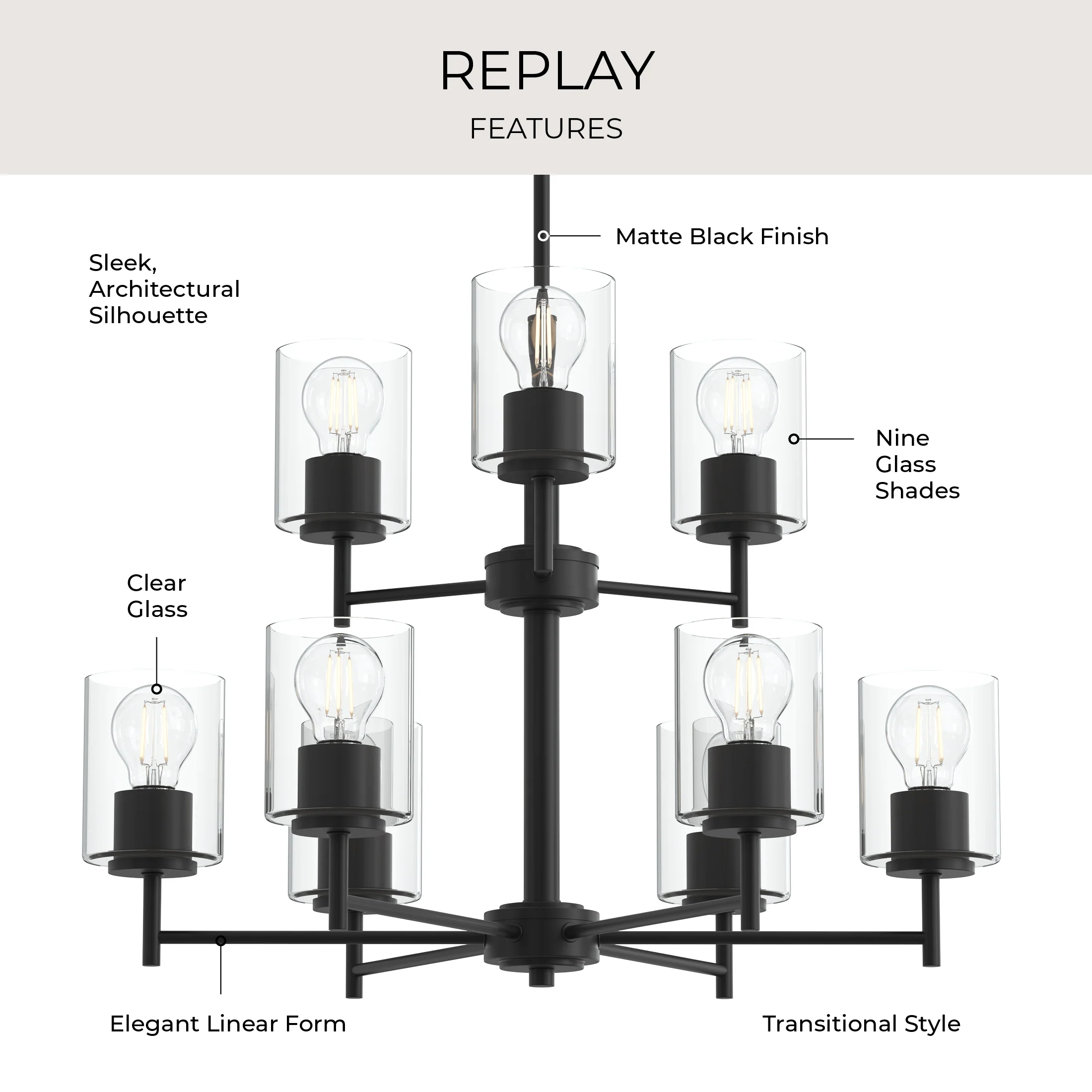 Replay Collection Nine-Light Chandelier with Clear Glass Shades - Image 24