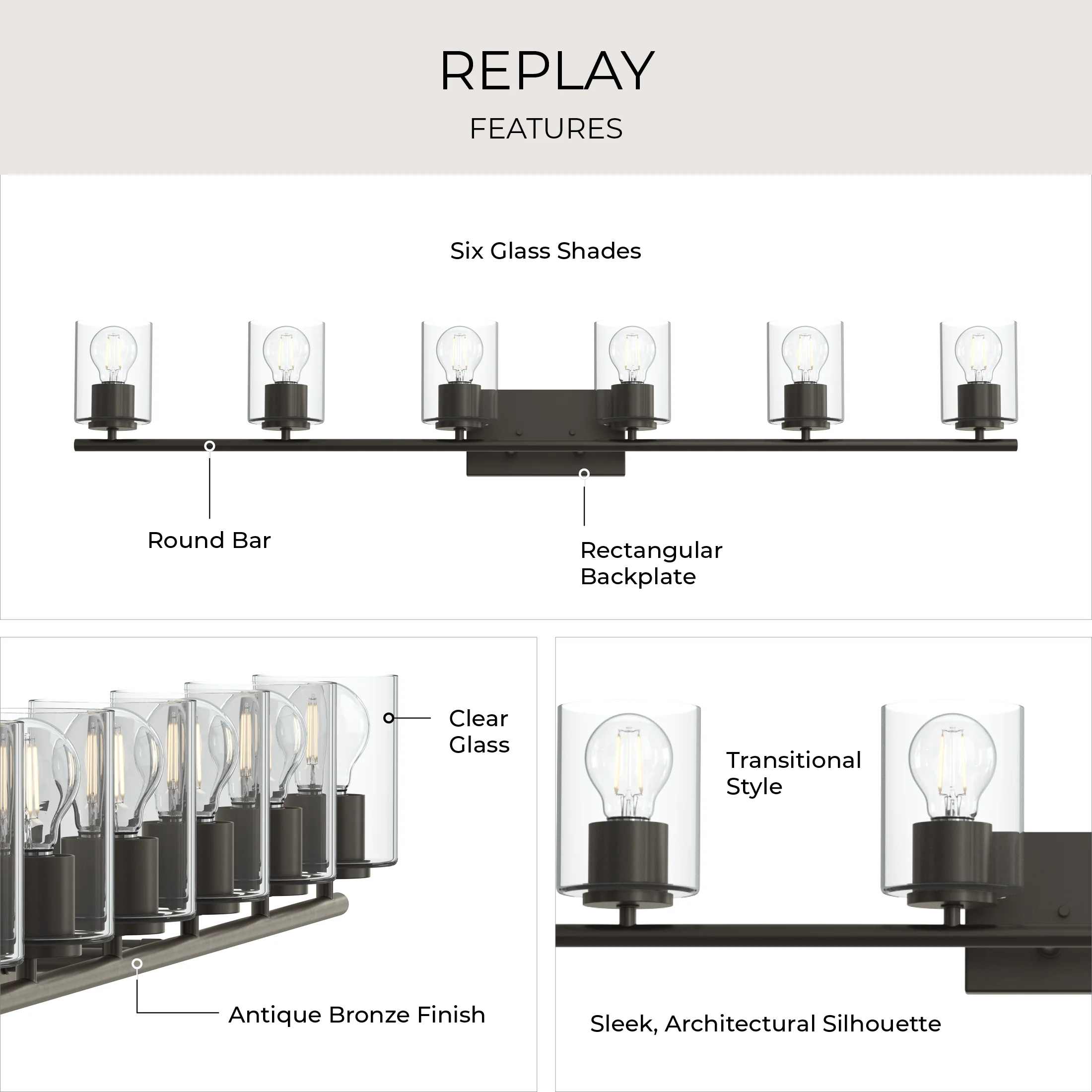 Replay Collection Six-Light Bath & Vanity Light with Clear Glass Shades - Image 18
