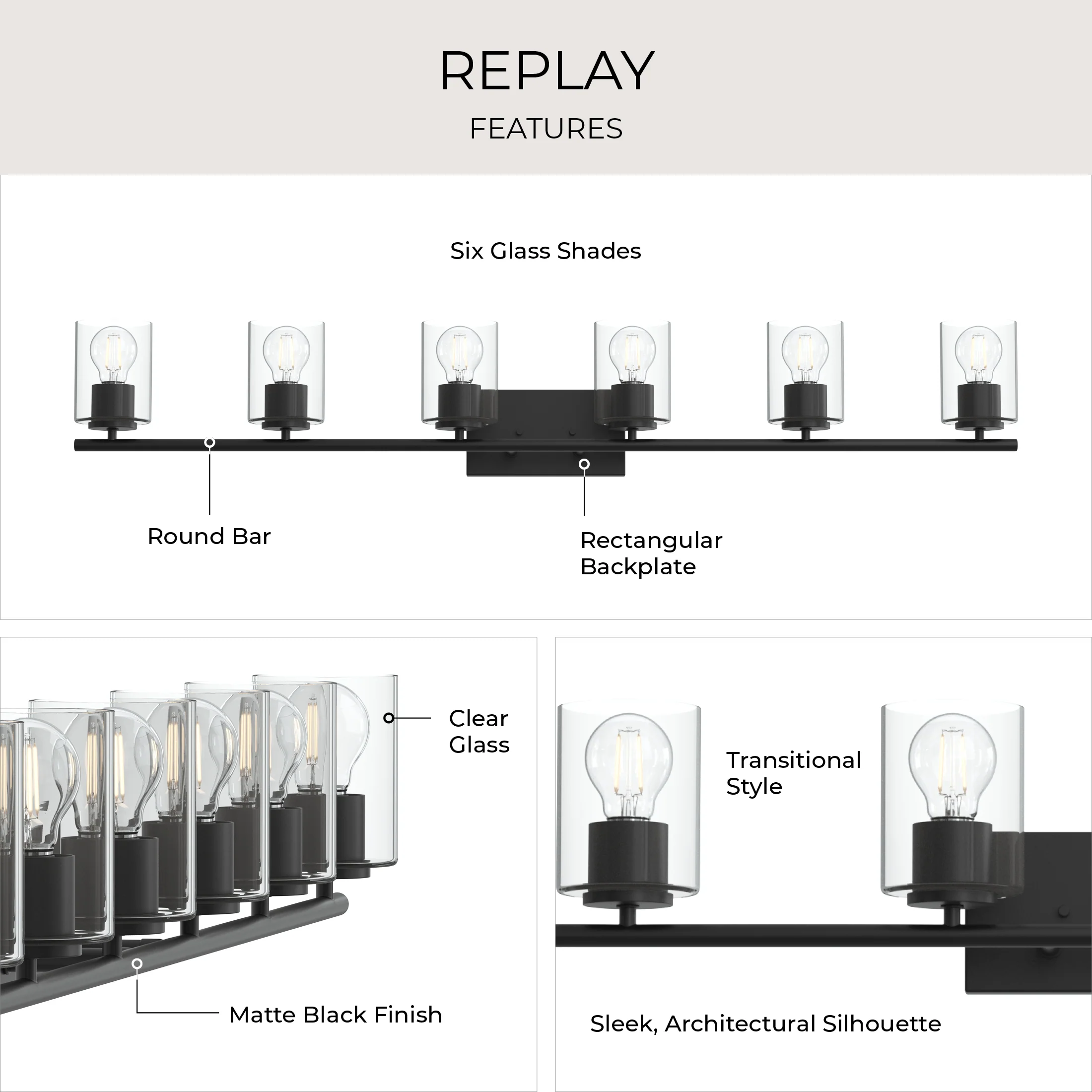 Replay Collection Six-Light Bath & Vanity Light with Clear Glass Shades - Image 26