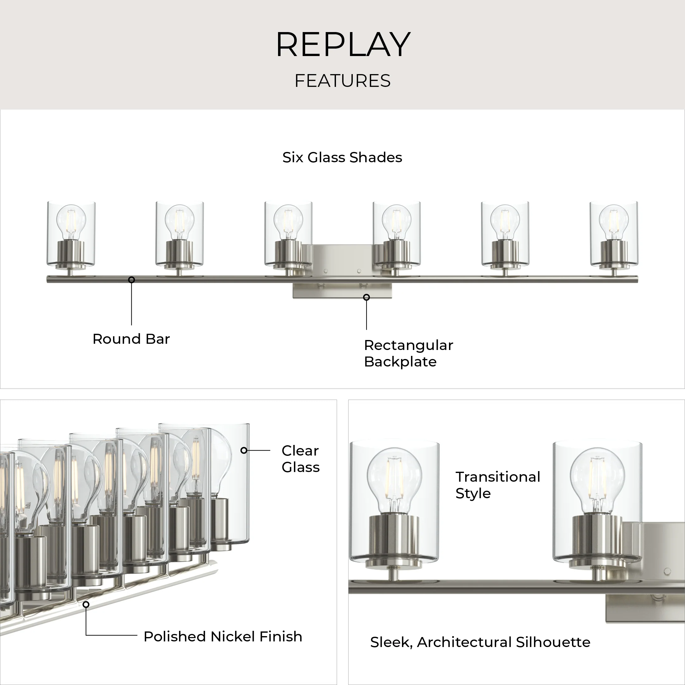 Replay Collection Six-Light Bath & Vanity Light with Clear Glass Shades - Image 35