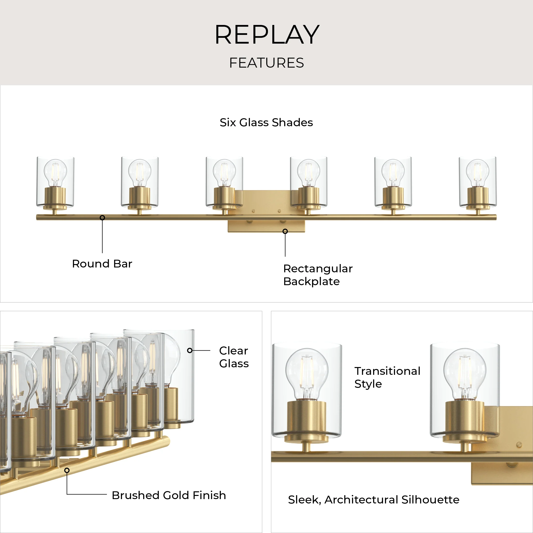 Replay Collection Six-Light Bath & Vanity Light with Clear Glass Shades - Image 44