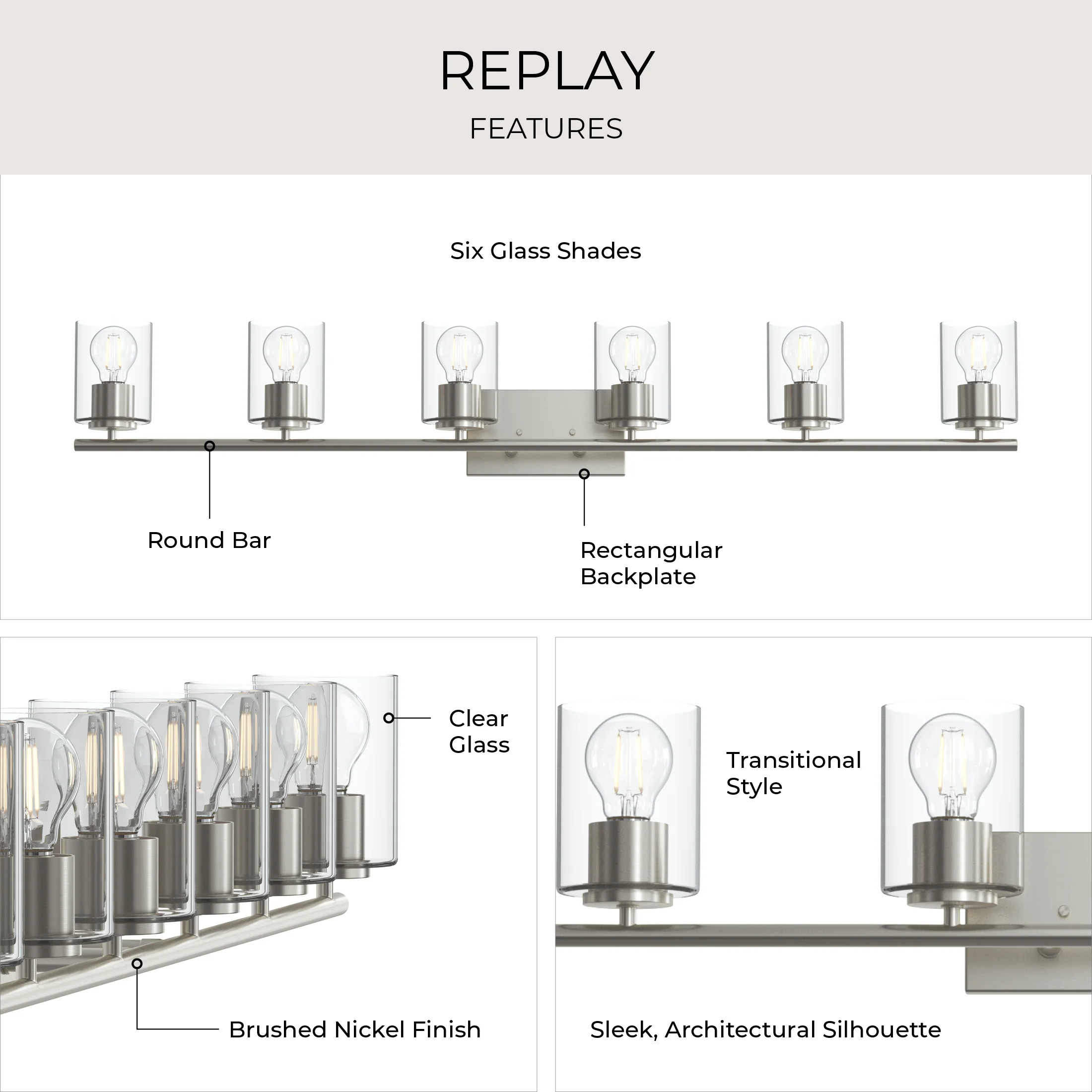 Replay Collection Six-Light Bath & Vanity Light with Clear Glass Shades - Image 9