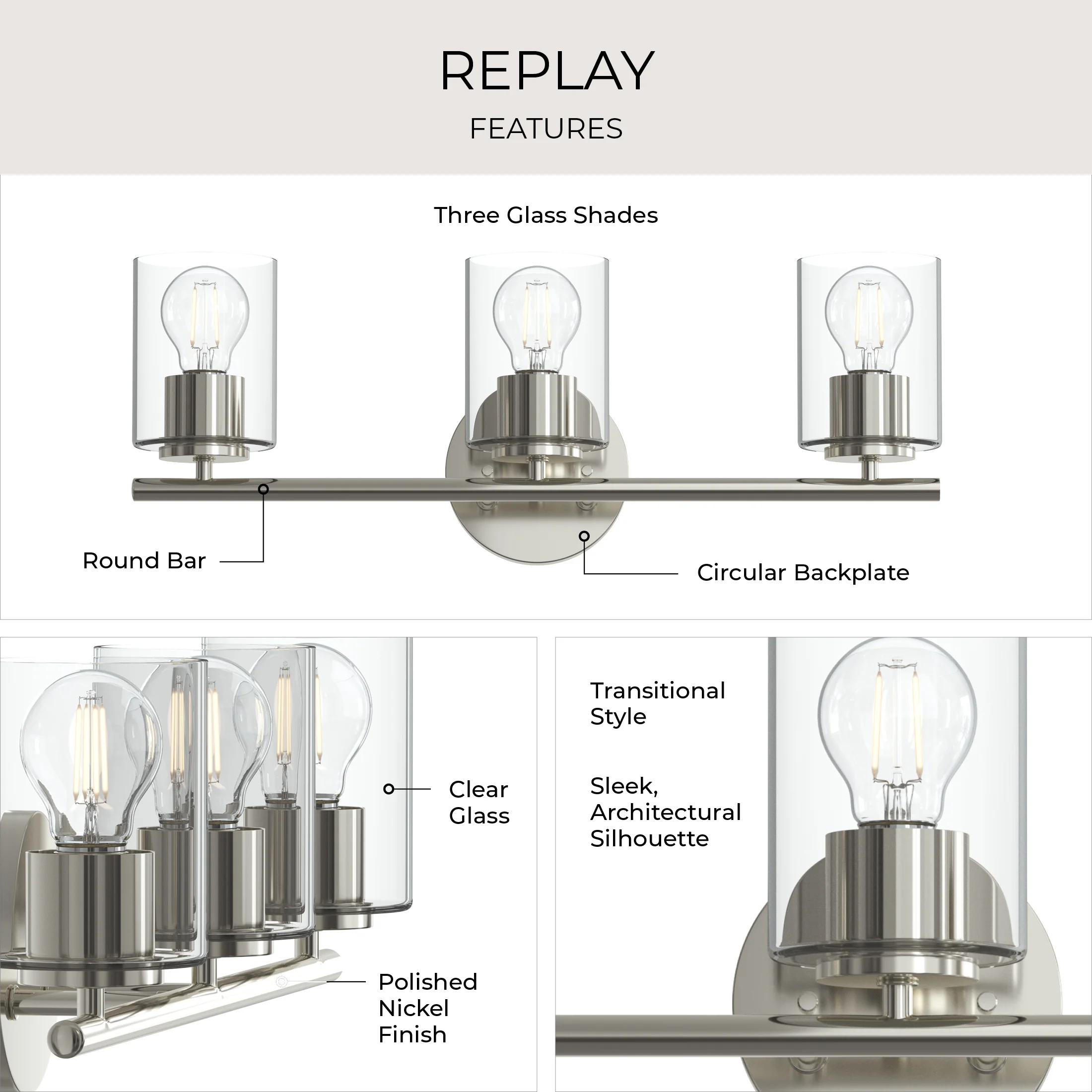 Replay Collection Three-Light Bath & Vanity Light with Clear Glass Shades - Image 17