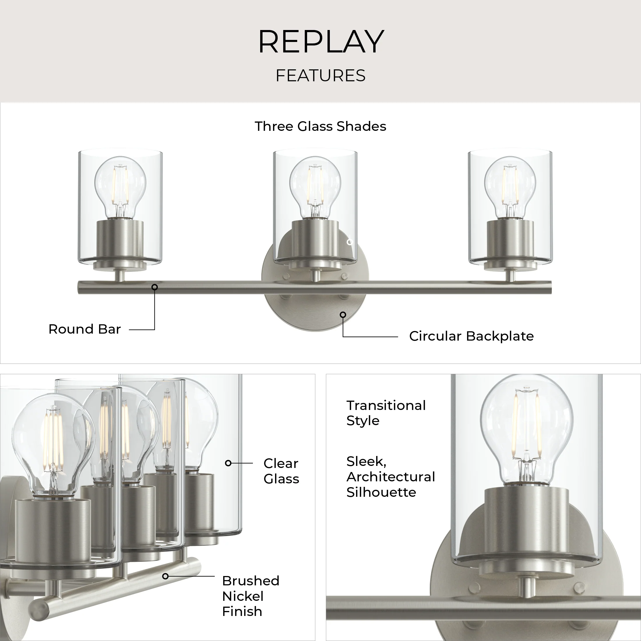 Replay Collection Three-Light Bath & Vanity Light with Clear Glass Shades - Image 18