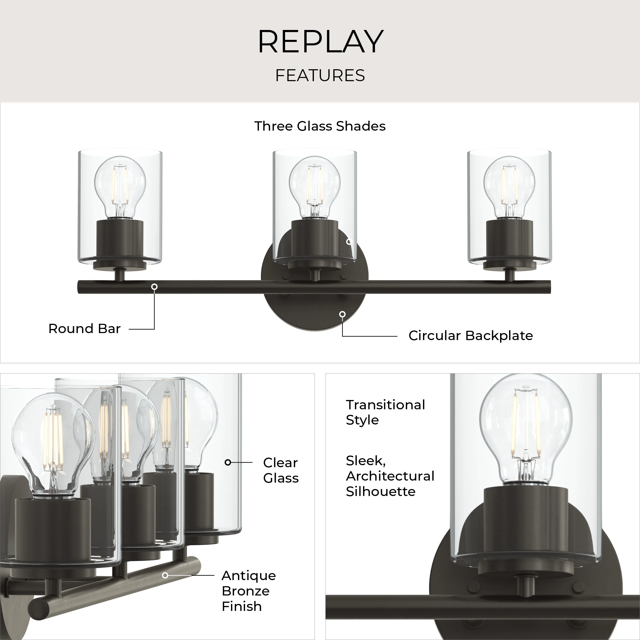 Replay Collection Three-Light Bath & Vanity Light with Clear Glass Shades - Image 26