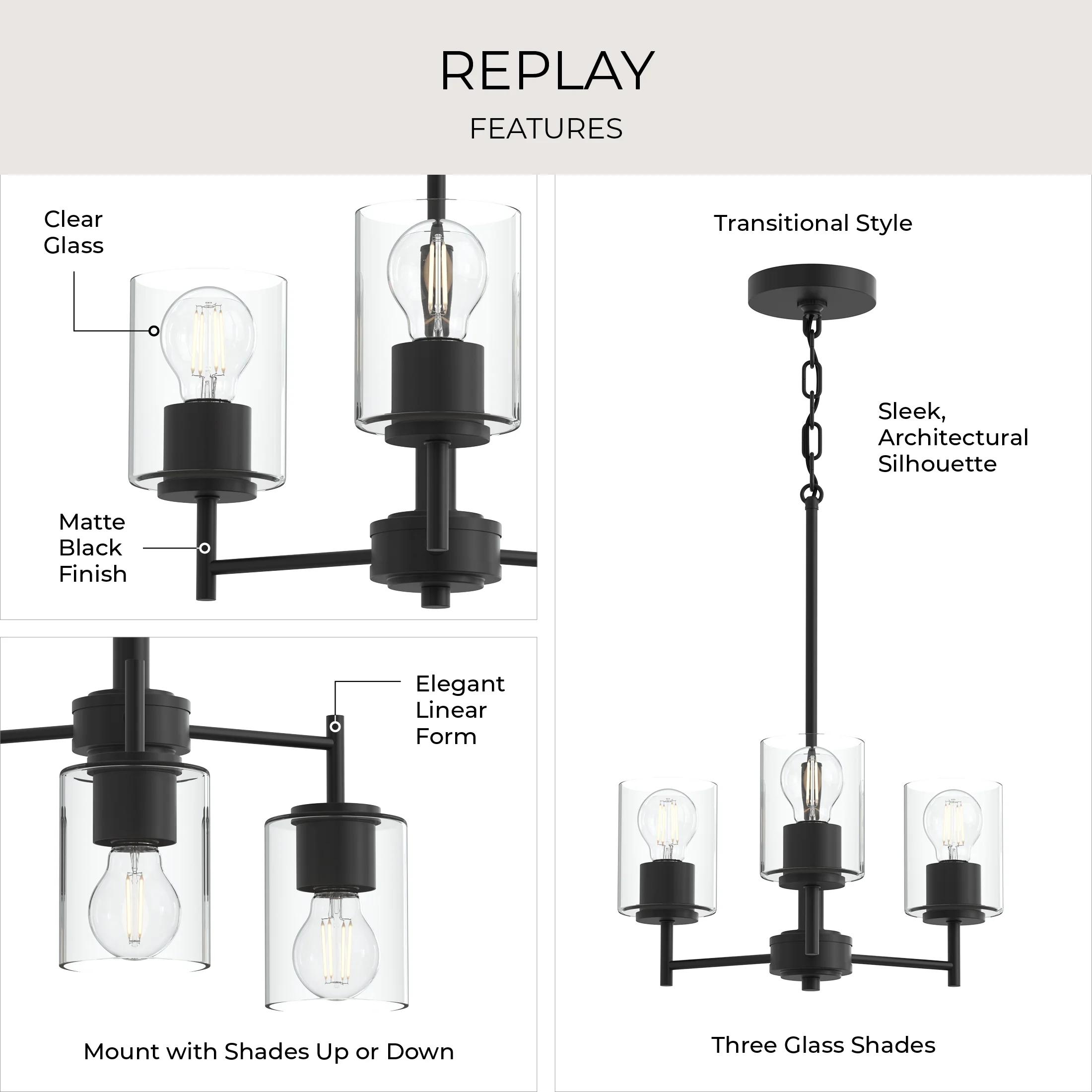 Replay Collection Three-Light Chandelier with Clear Glass Shades - Image 14