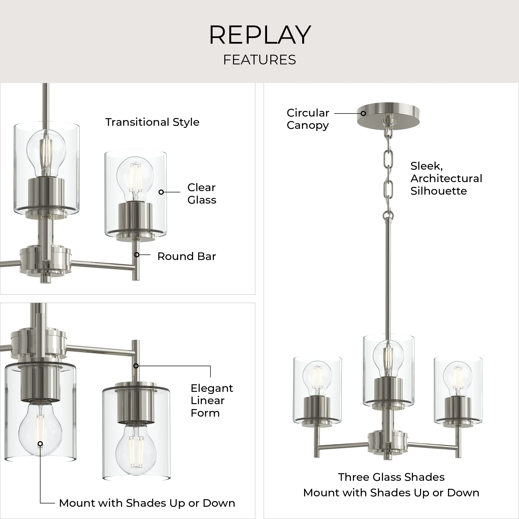 Replay Collection Three-Light Chandelier with Clear Glass Shades - Image 21