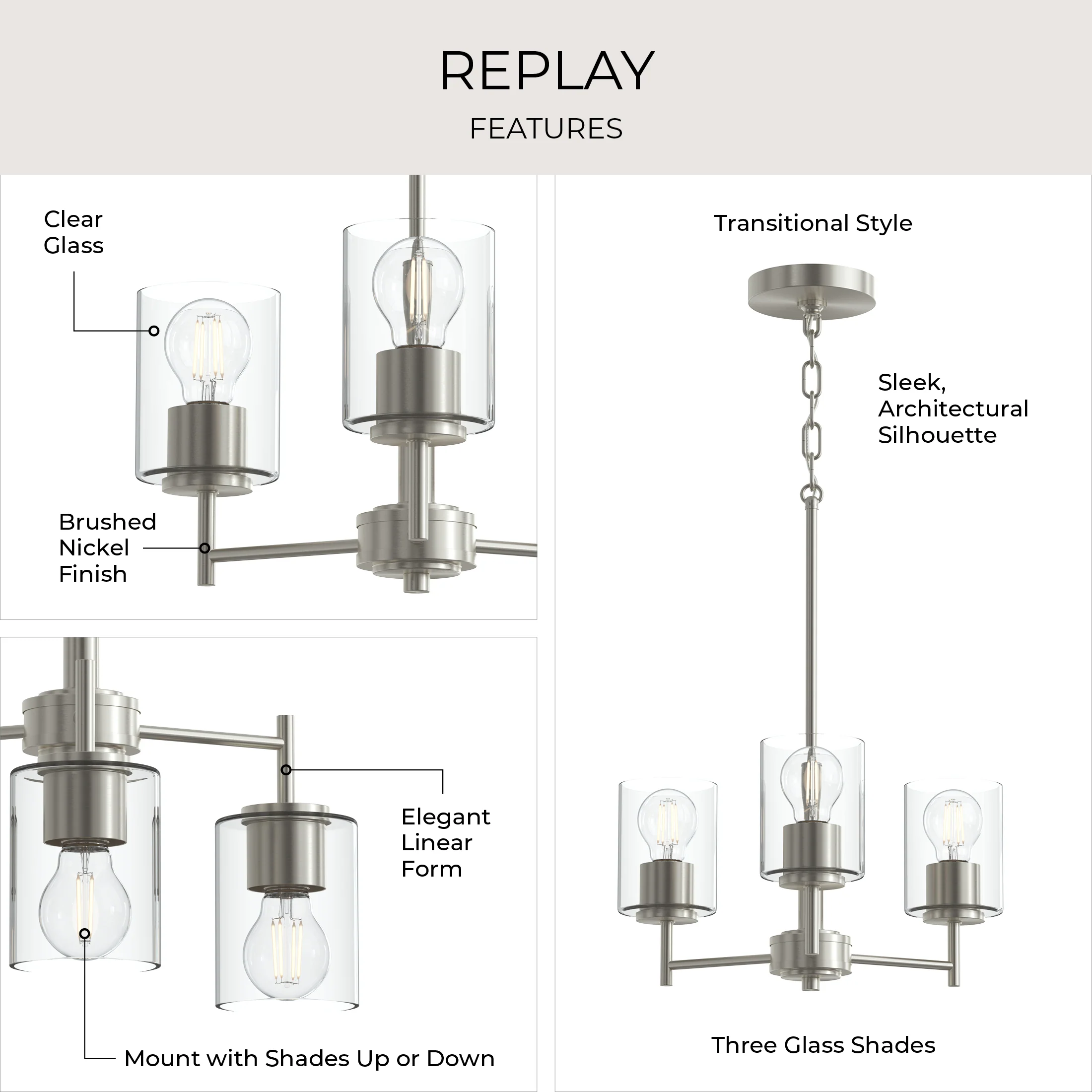 Replay Collection Three-Light Chandelier with Clear Glass Shades - Image 7