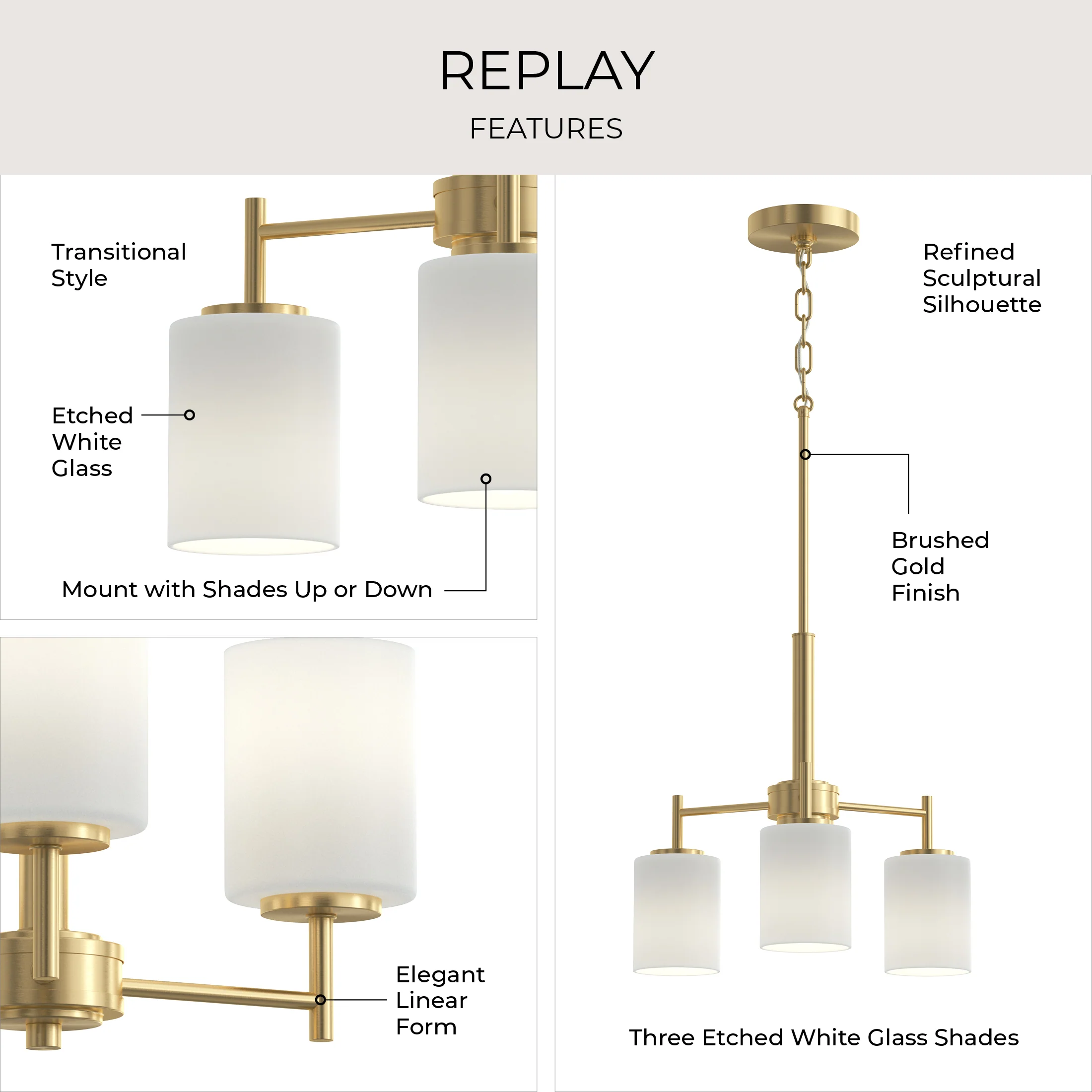Replay Collection Three-Light Etched White Glass Chandelier Light - Image 7