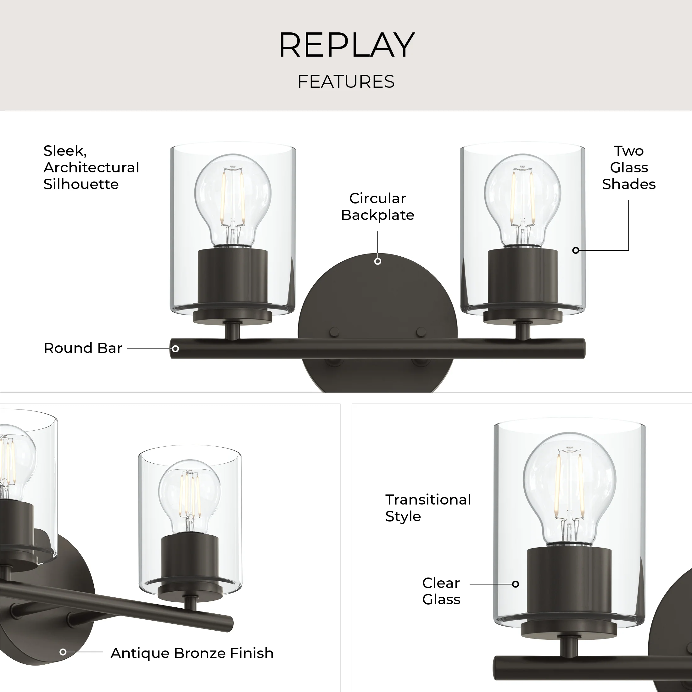 Replay Collection Two-Light Bath & Vanity Light with Clear Glass Shades - Image 18