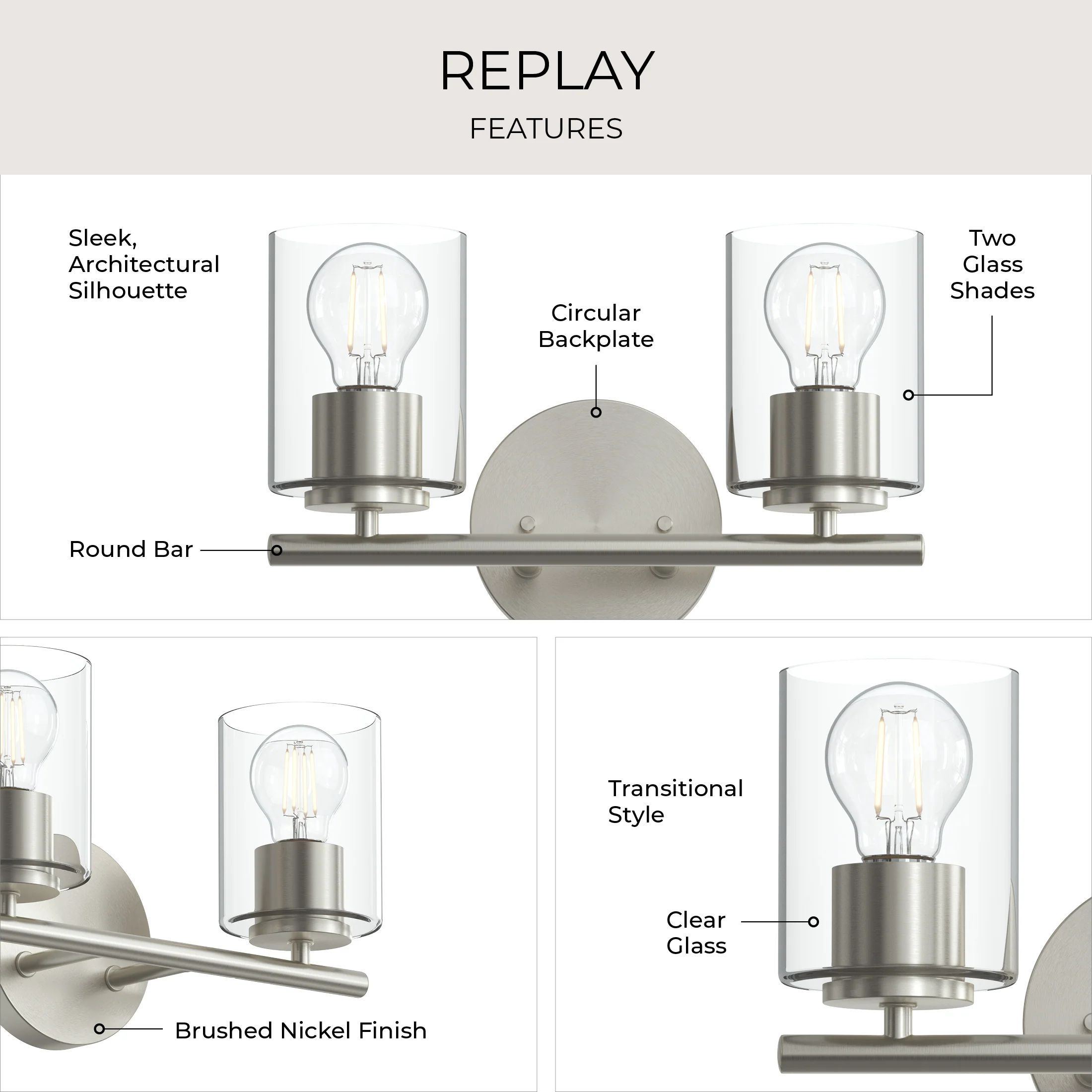 Replay Collection Two-Light Bath & Vanity Light with Clear Glass Shades - Image 19