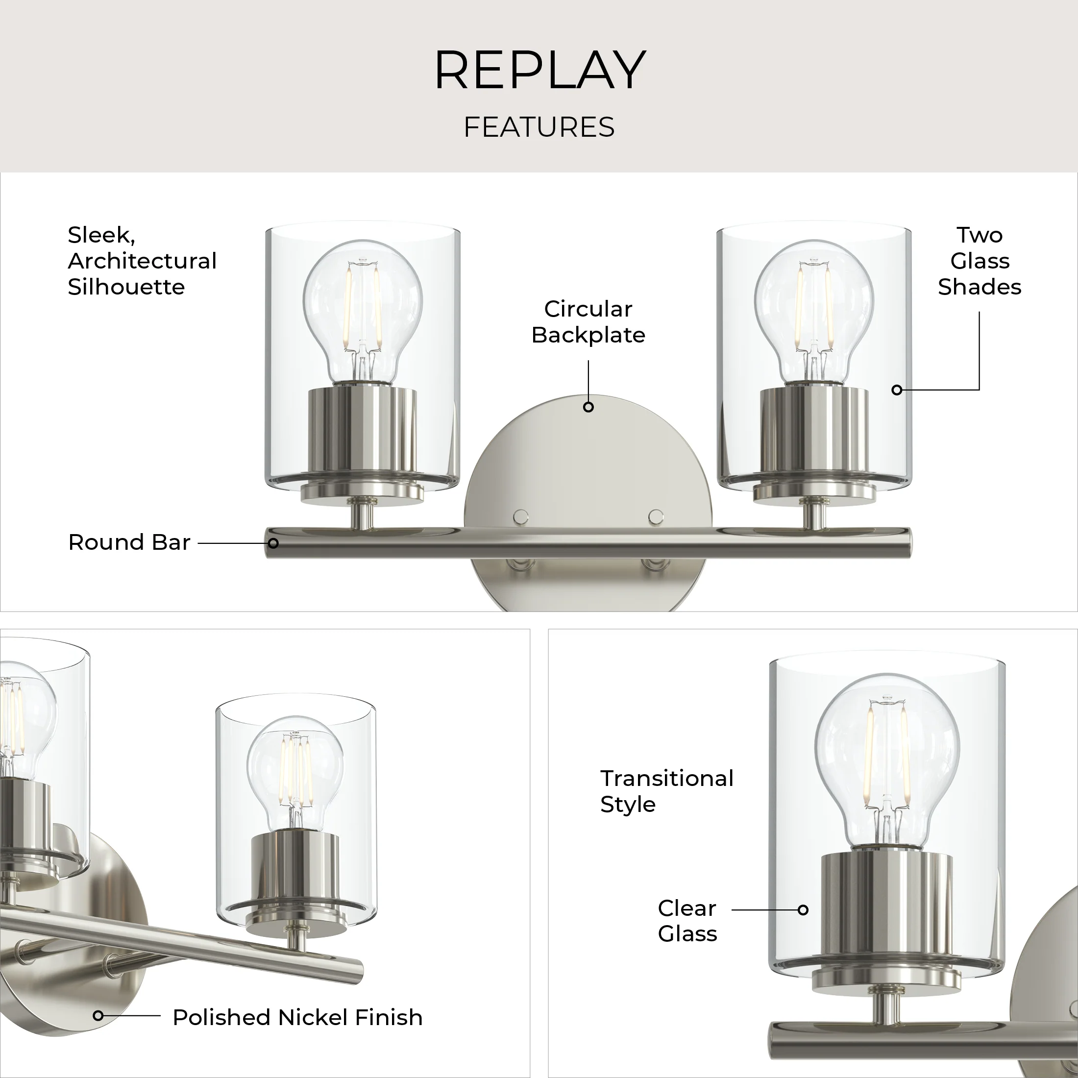 Replay Collection Two-Light Bath & Vanity Light with Clear Glass Shades - Image 36