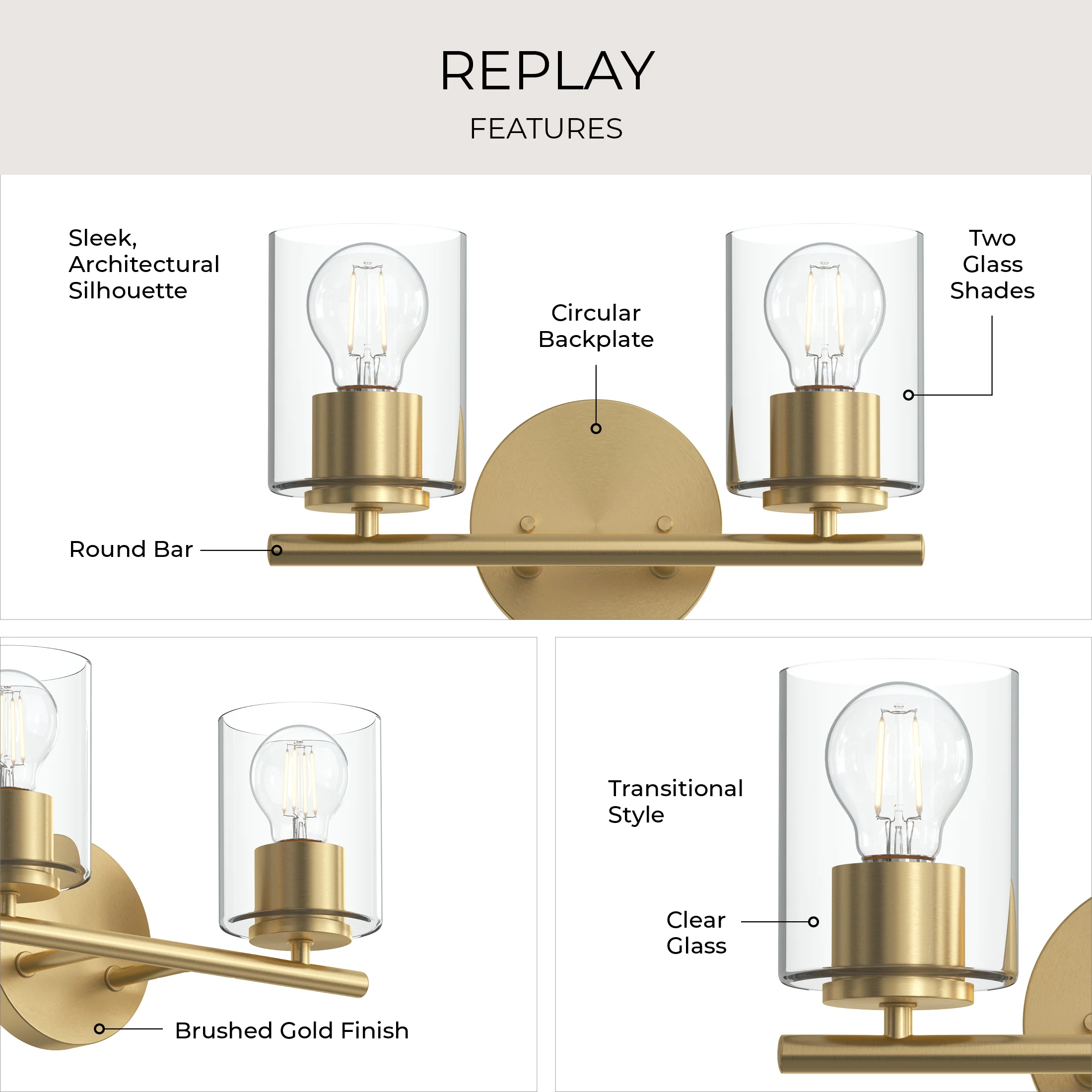 Replay Collection Two-Light Bath & Vanity Light with Clear Glass Shades - Image 44